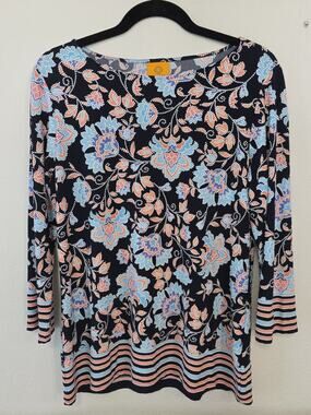 Ruby Rd. Womens Blouse Top Colorful Floral Striped Pattern 3/4 Sleeve Size M